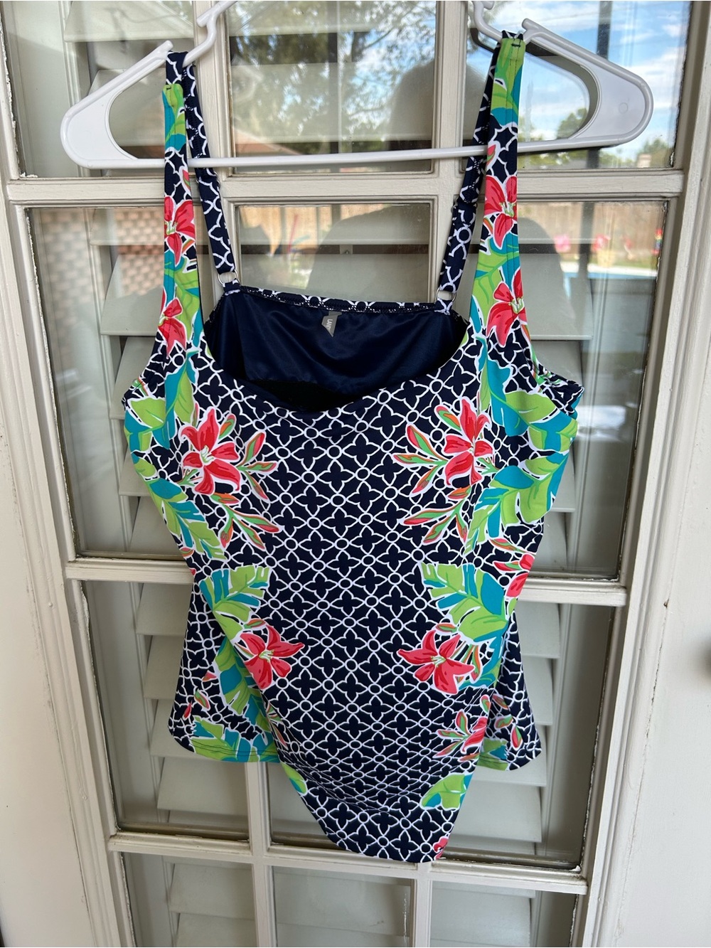 Lands' End Navy Floral Tank One-Piece Swim